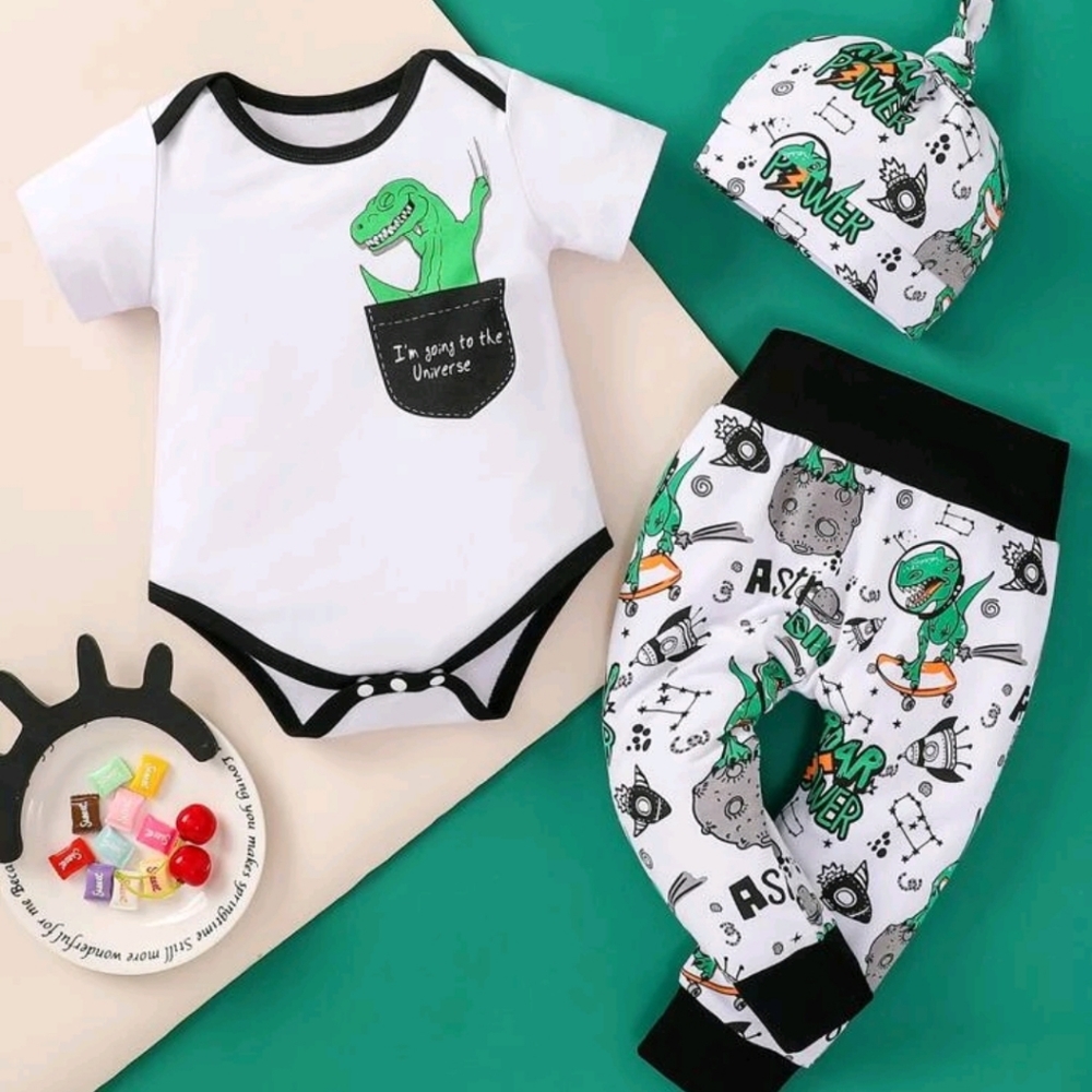 Baby Dinosaur Print Ringer Bodysuit & Sweatpants & Hat